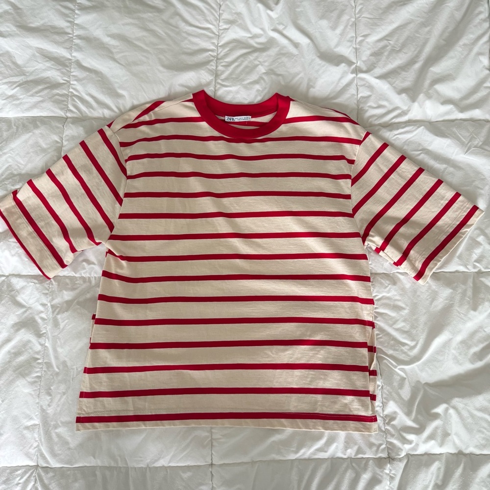 Zara Red and White Striped Short Sleeve Tee